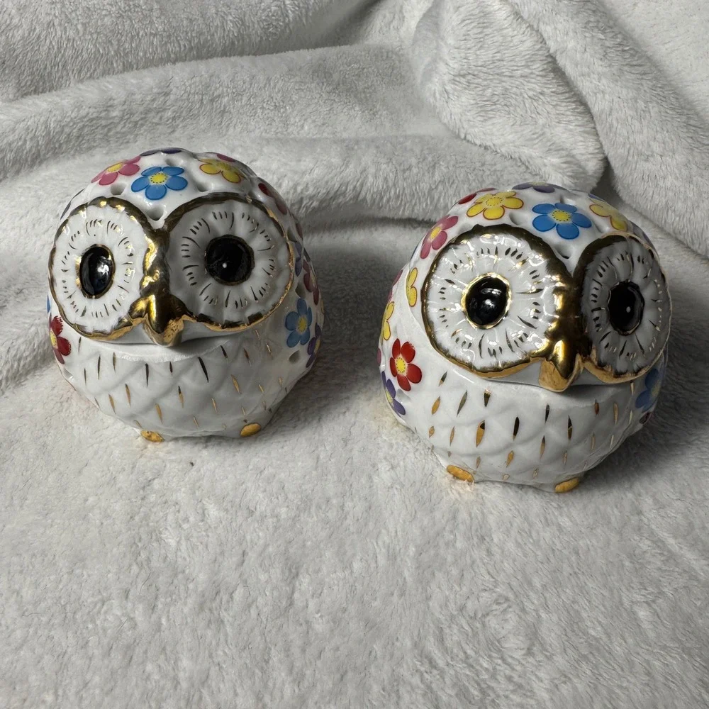 Pair Ceramic Owl Luminary Candle Holders Floral Gold Accent Lidded Decor